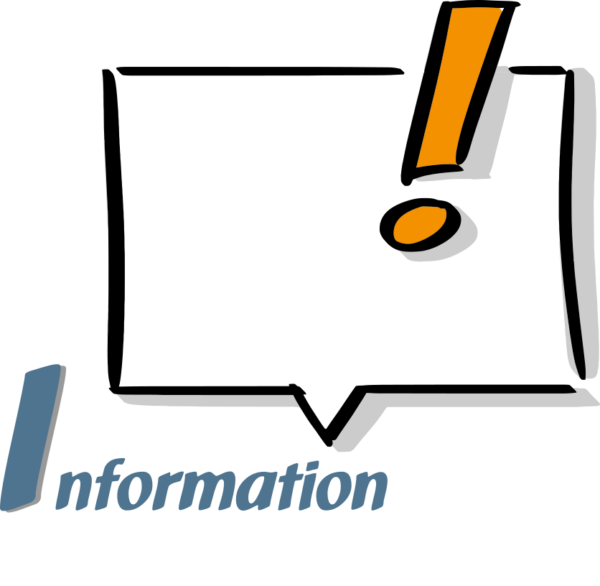Handgezeichnete Sprechblase mit orangefarbenem Ausrufezeichen und dem Wort „Information“ in Blau.